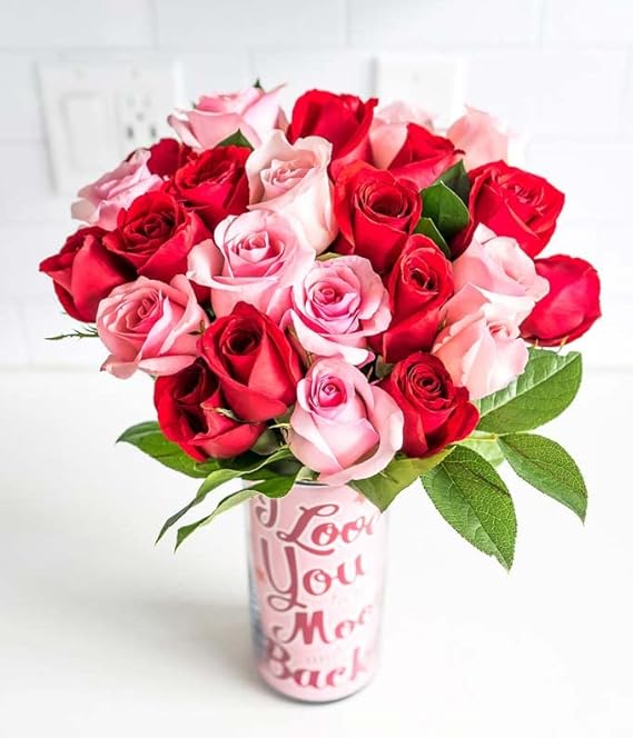 From You Flowers - Two Dozen Red & Pink Roses with Chocolates and a Bear with Glass Vase | Fresh Flower Bouquets for Birthday, Anniversary, Get Well or Celebration