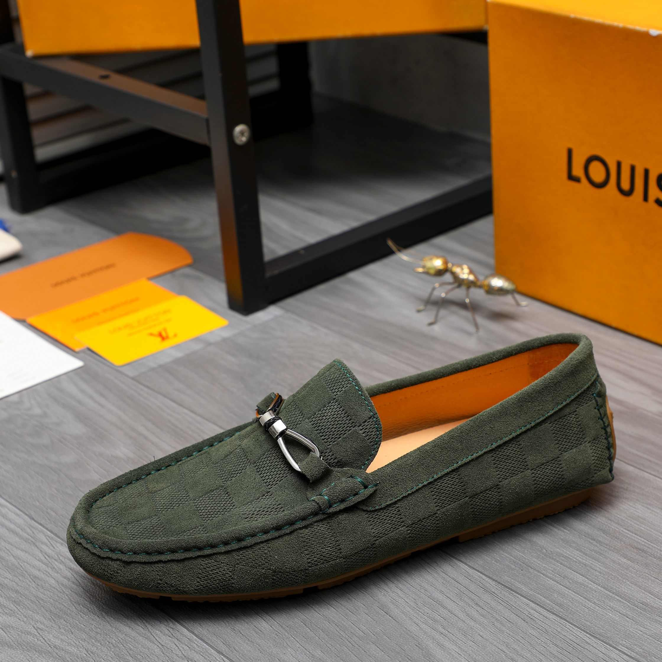 Louis Vuitton Lv Damier Suede Leather Loafers In Dark Green