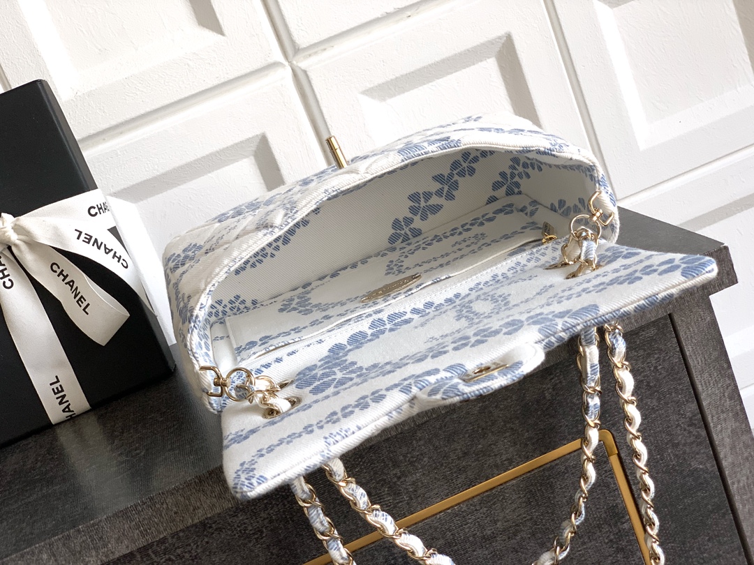 Chanel Flap Bag Printed Denim & Gold-Tone Metal White & Blue