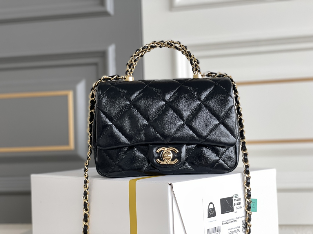 23K Mini Shopping Bag (Mini Kelly) in Black Shiny Aged Lambskin with Gold-Tone Hardware (Model AS4416)