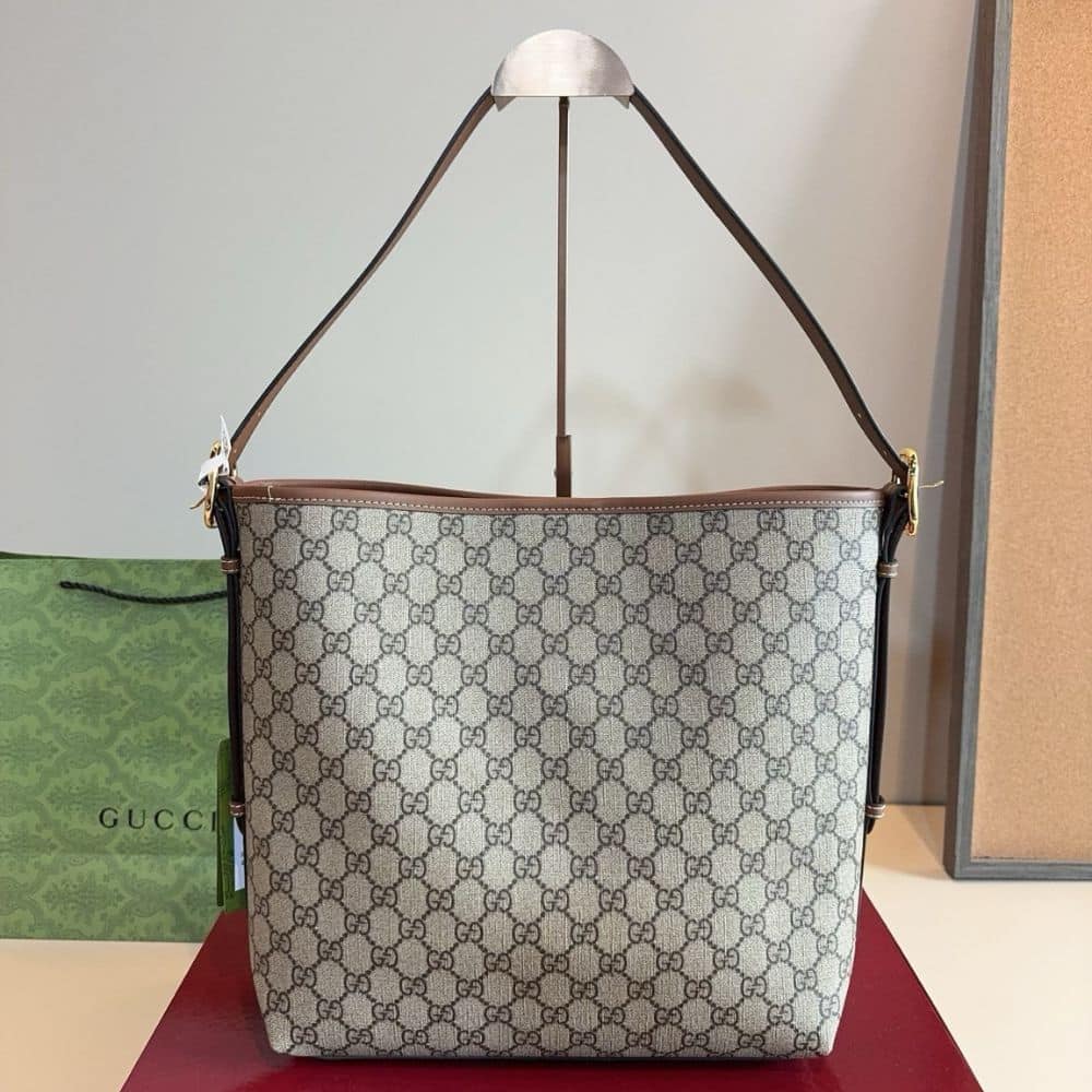 Gucci GG Emblem Medium Bucket Bag Beige And Dark Brown Fabric 31Cm 815103 FAD6L 9758