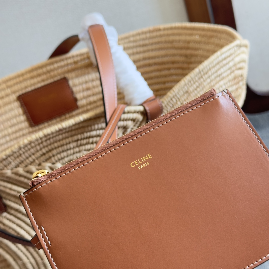 CELINE Natural Plant Materials and Leather Medium Woven TRIOMPHE Basket Bag