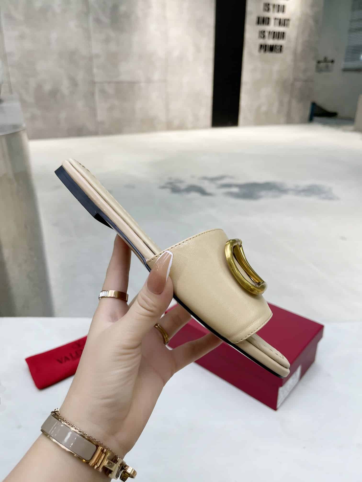 Valentino Garavani VLogo Signature Slide Sandal Beige