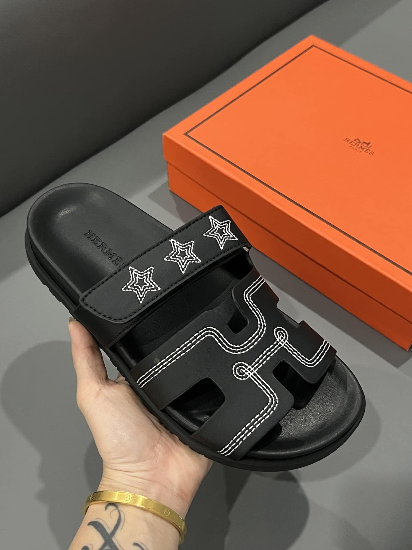 Hermes Chypre Sandal Star Stitched Noir H232142Z 02340