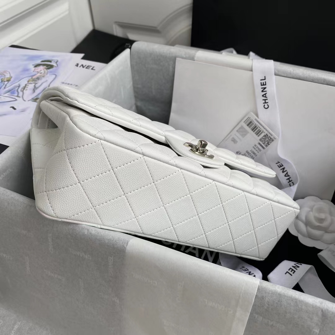 Chanel Classic Double Flap Bag White Silver Hardware 25Cm/10in