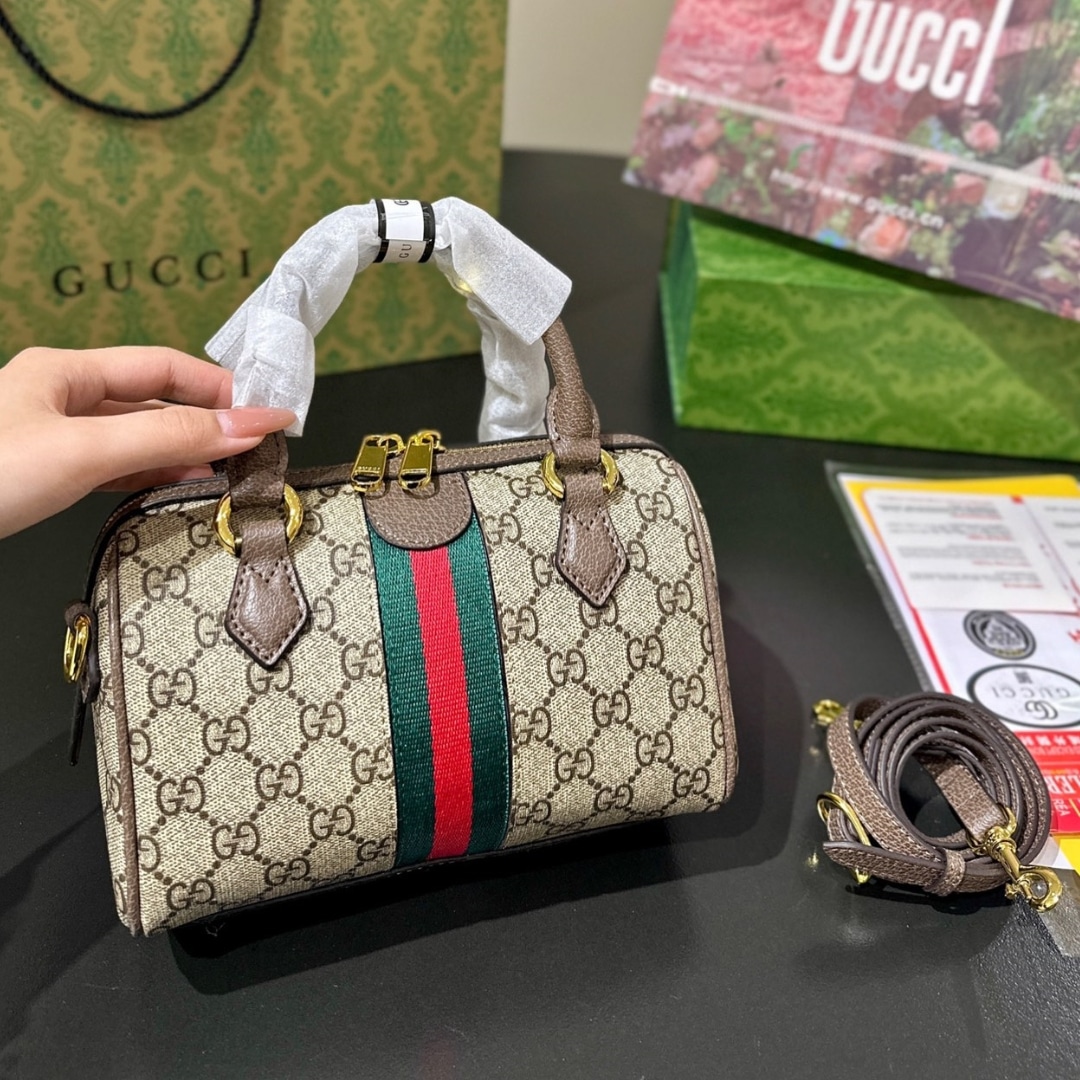 Gucci Ophidia Small Boston Bag GG Monogram Beige And Dark Brown 22Cm 772053 96IWG 8745