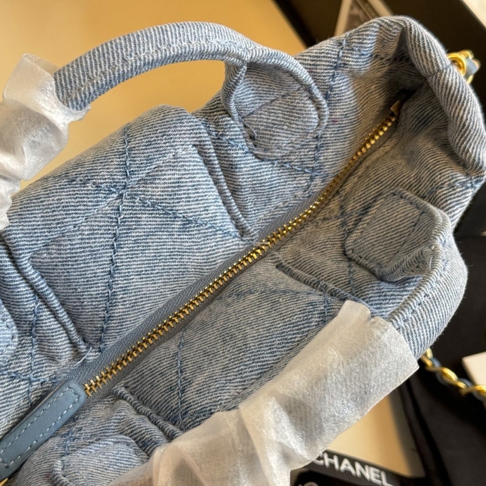 Chanel Mini Bow Bag Washed Denim And Gold Tone Metal Blue 21Cm
