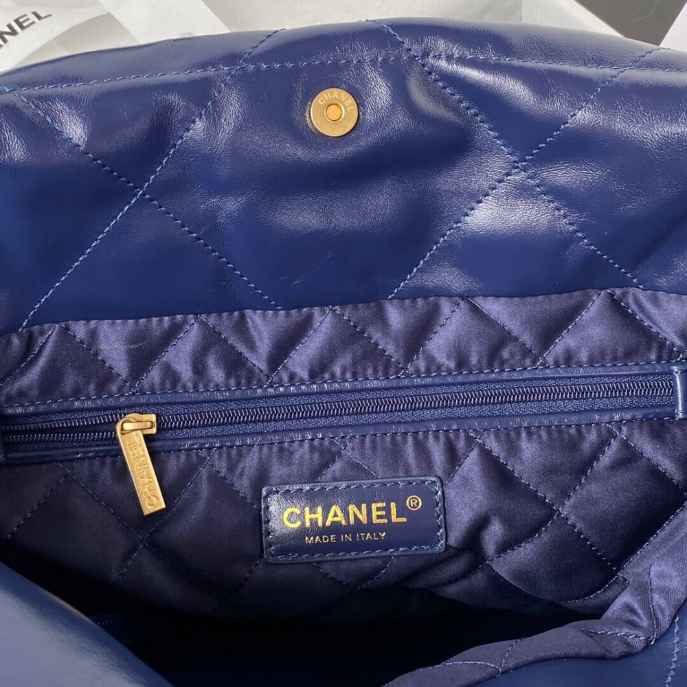 Chanel 22 Small Handbag Shiny Calfskin Blue Gold