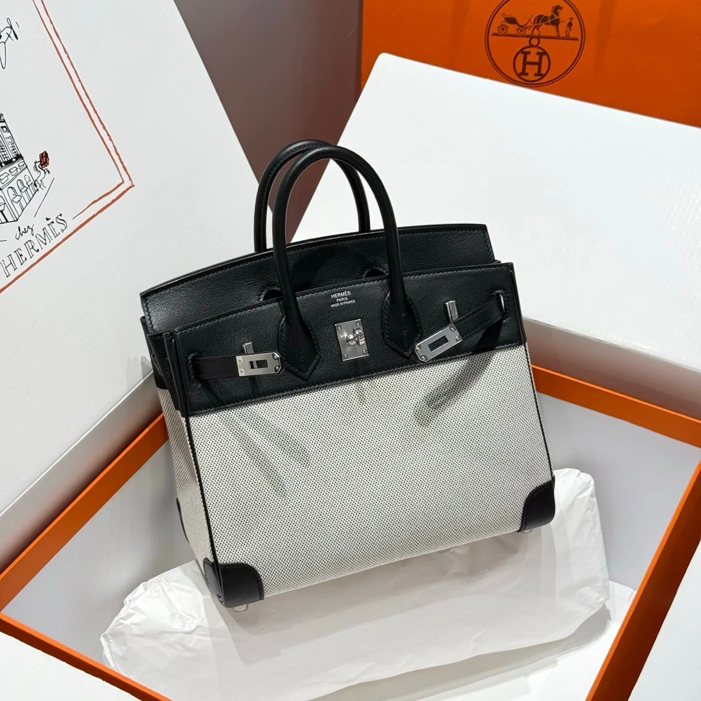HM Birkin 25cm Black Swift Cowhide With Black White Checkered Canvas Fabric Shw 249986