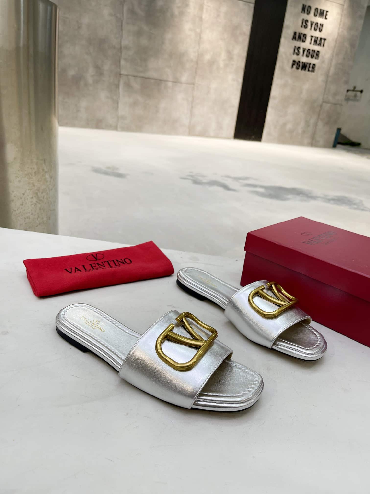 Valentino Garavani VLogo Signature Slide Sandal Silver