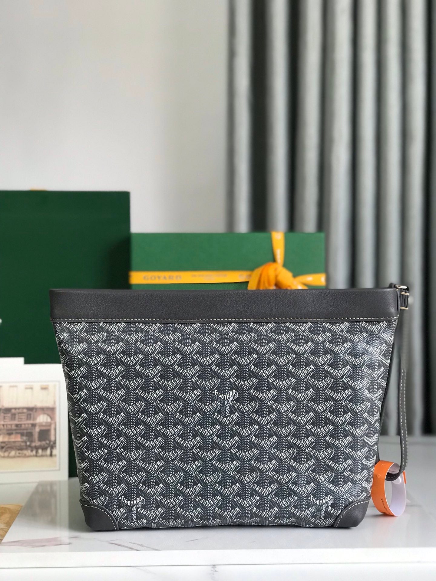 Goyard Conti Pouch 24 Cm Grey Black Lambskin And Goyardine Canvas