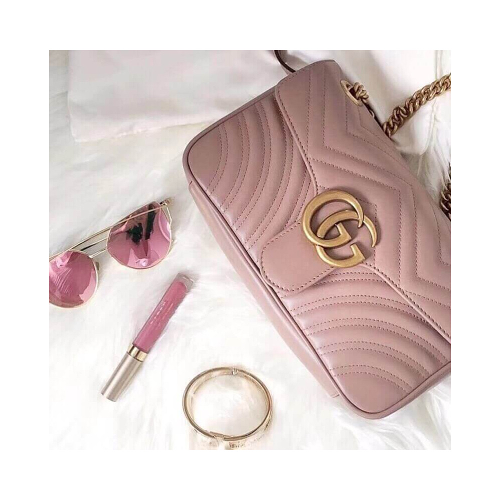 Gucci GG Marmont Matelasse Chevron Leather Small Shoulder Bag Nude Pink