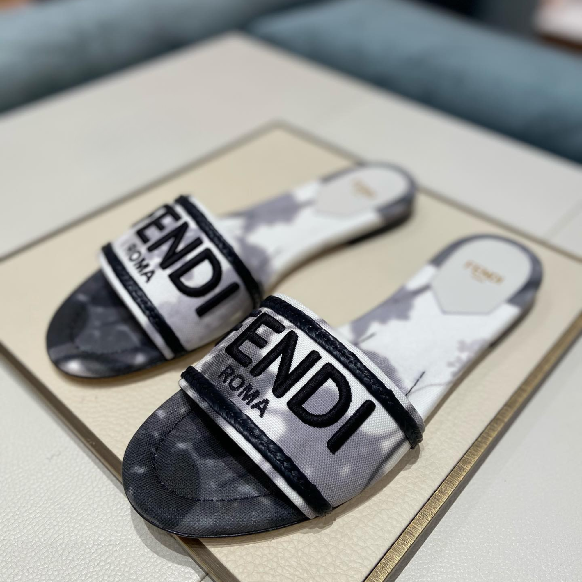 Fendi Logo-Embroidered Mule Slides Light Grey