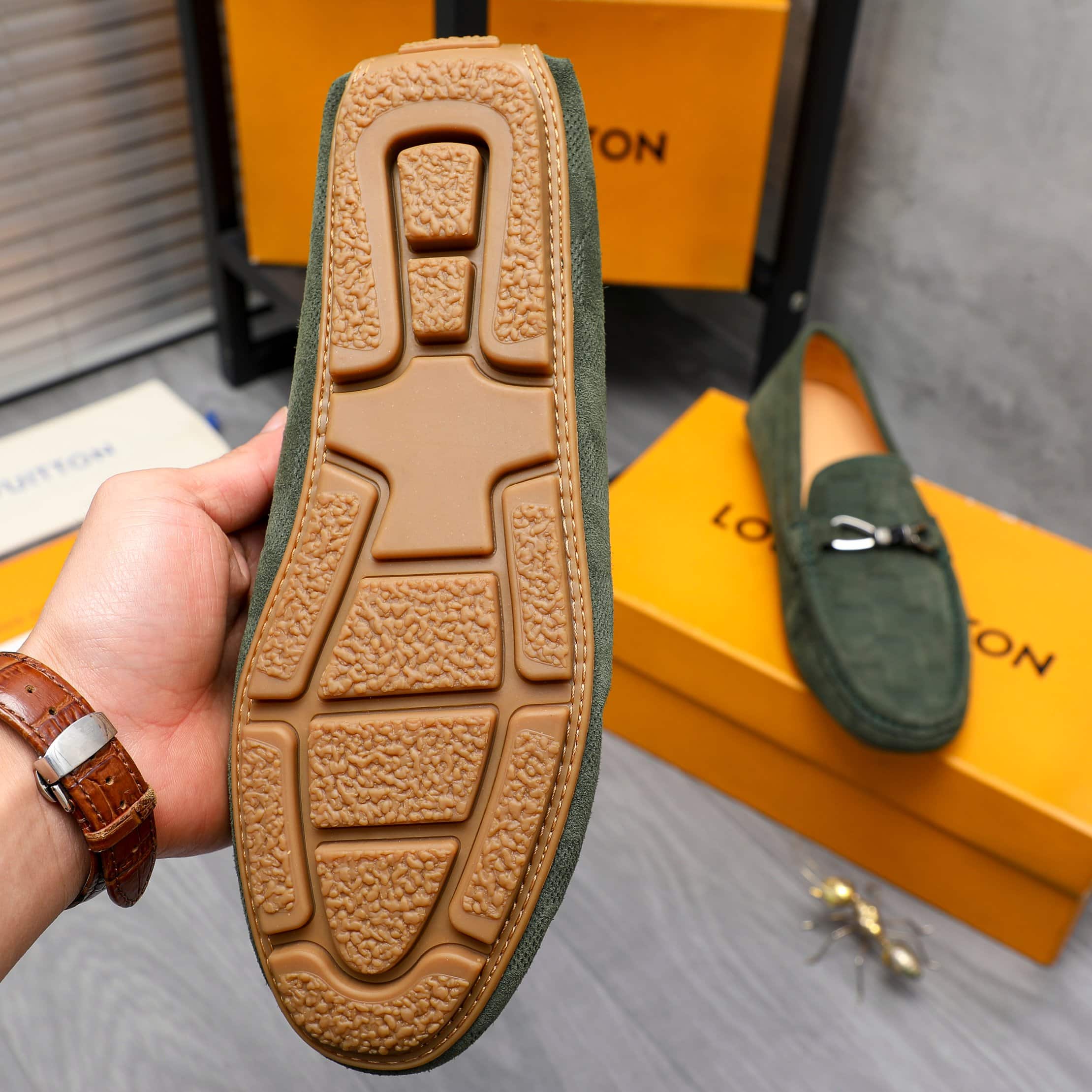 Louis Vuitton Lv Damier Suede Leather Loafers In Dark Green