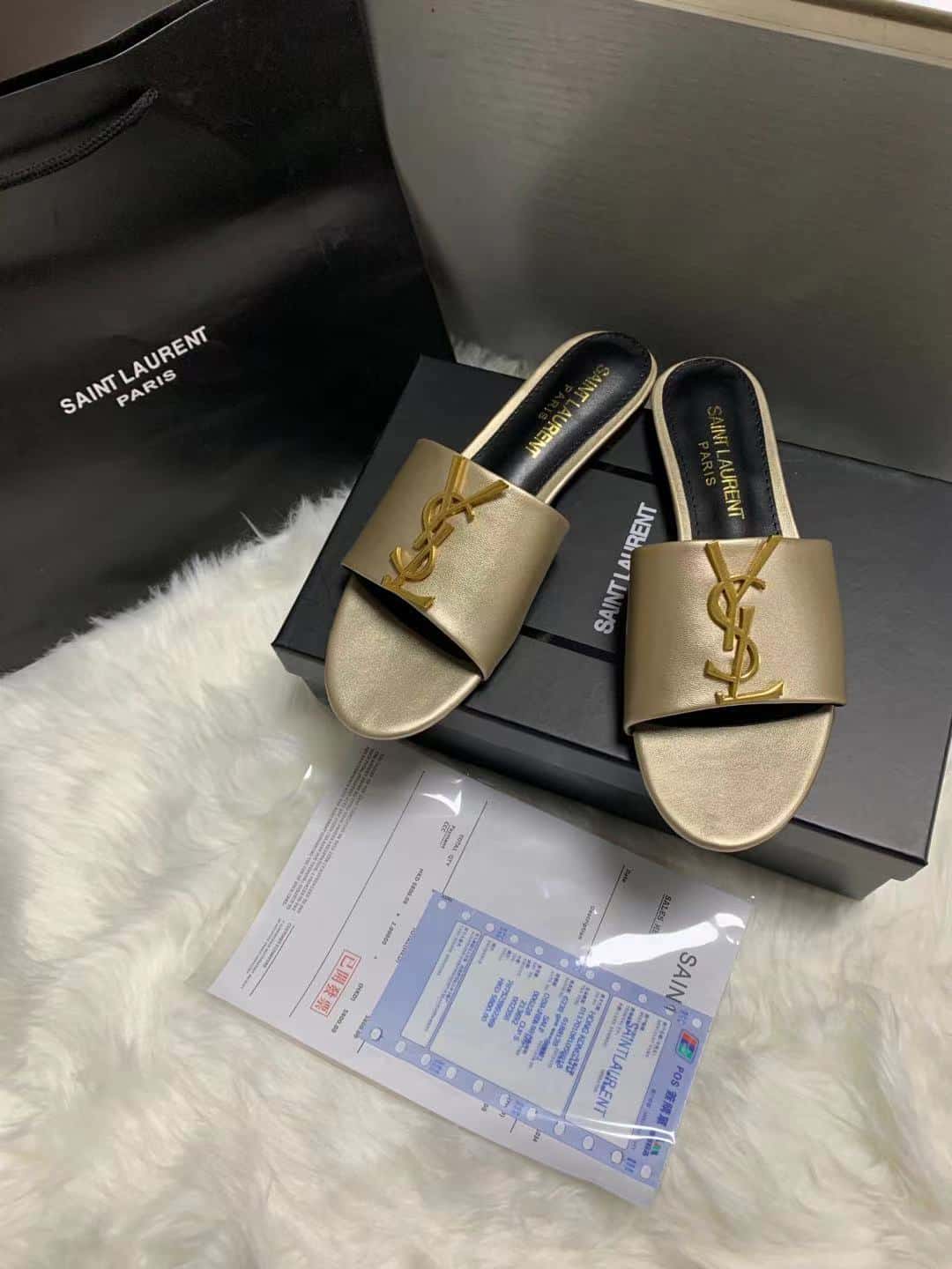 Saint Laurent Logo Slippers Metallic