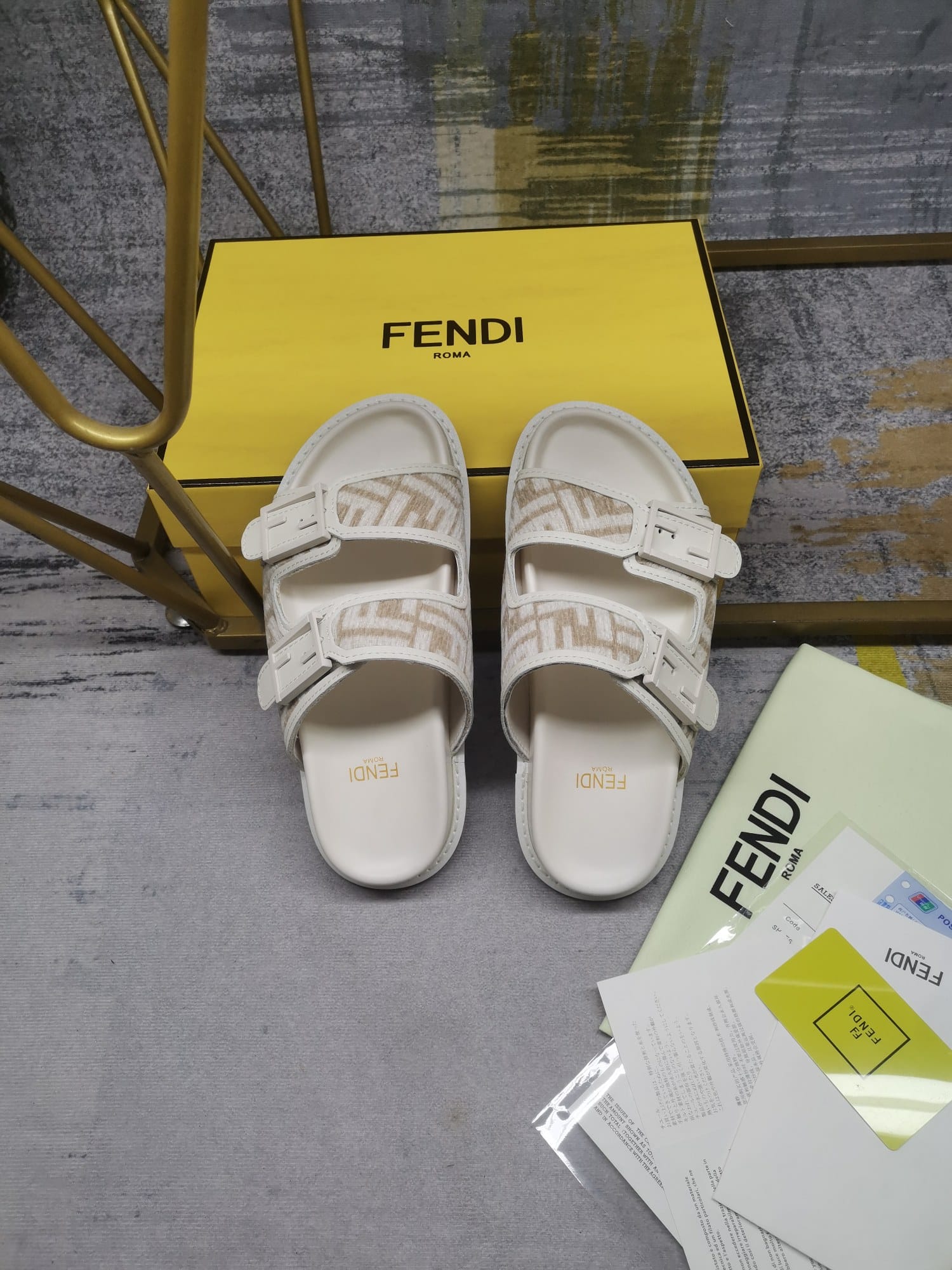 Fendi Feel Dove Grey Ff Chenille Slides White