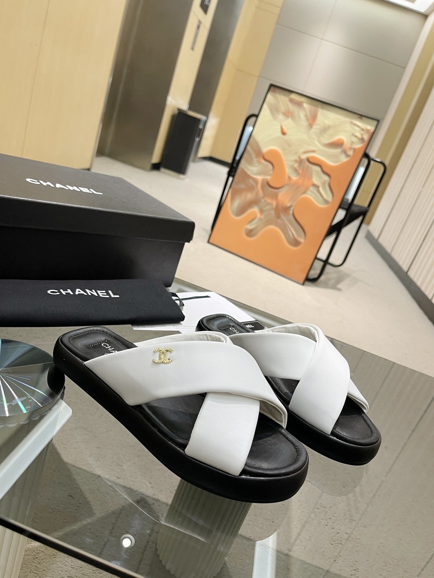 Chanel Cc Logo Criss Cross Slides White