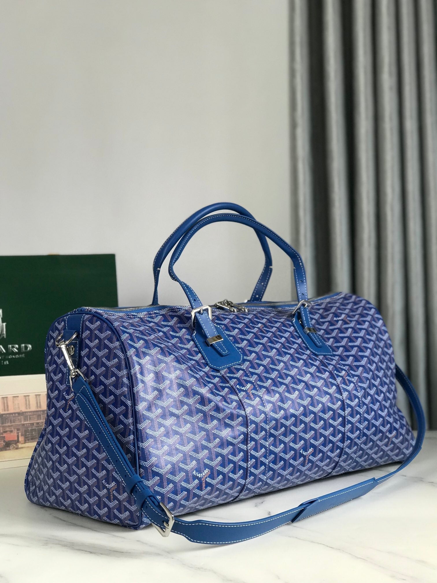 Goyard Boston 50 Bag Cm Sapphire Blue Goyardine Canvas And Calfskin Trim