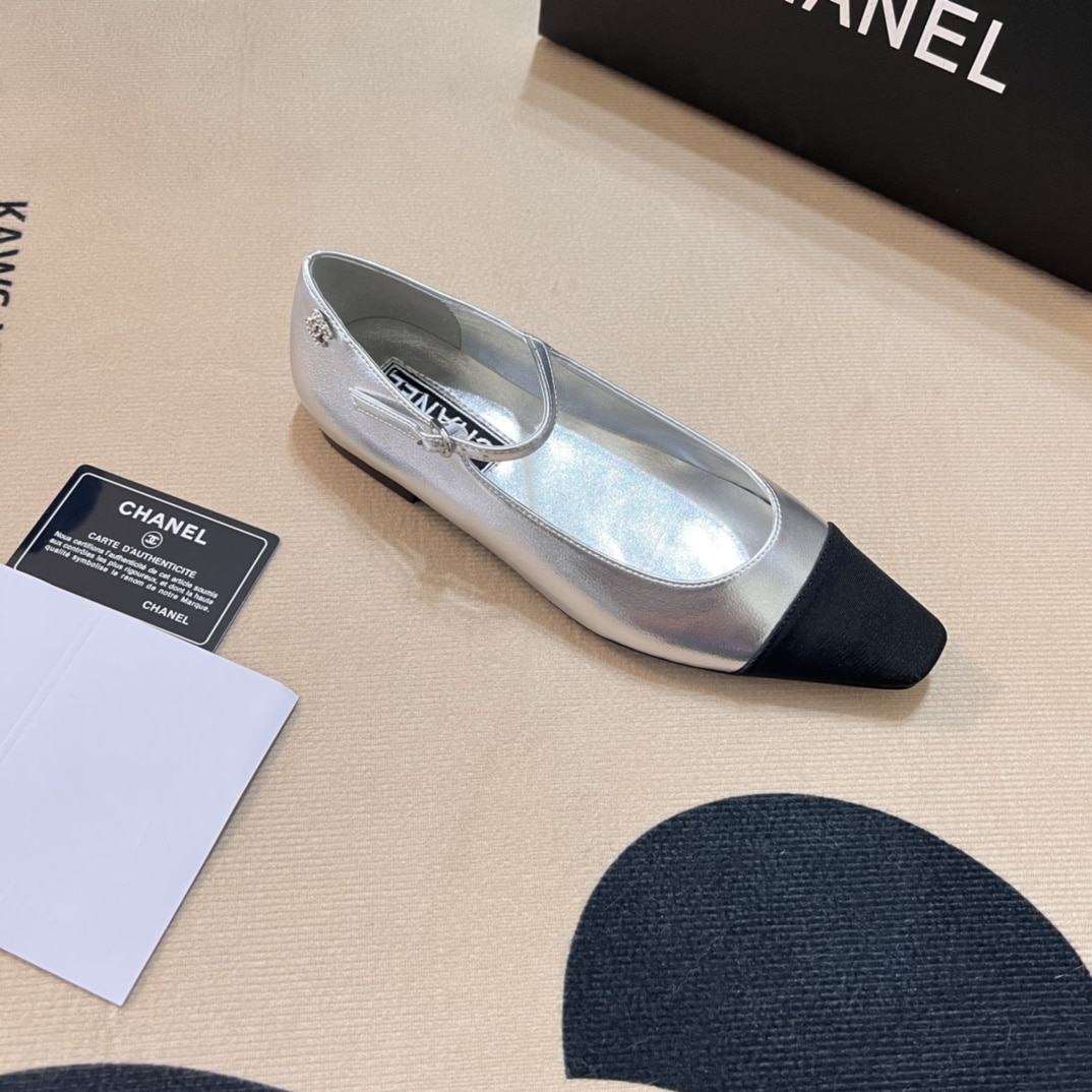 Chanel Square Toe Ballet Flats Black Silver