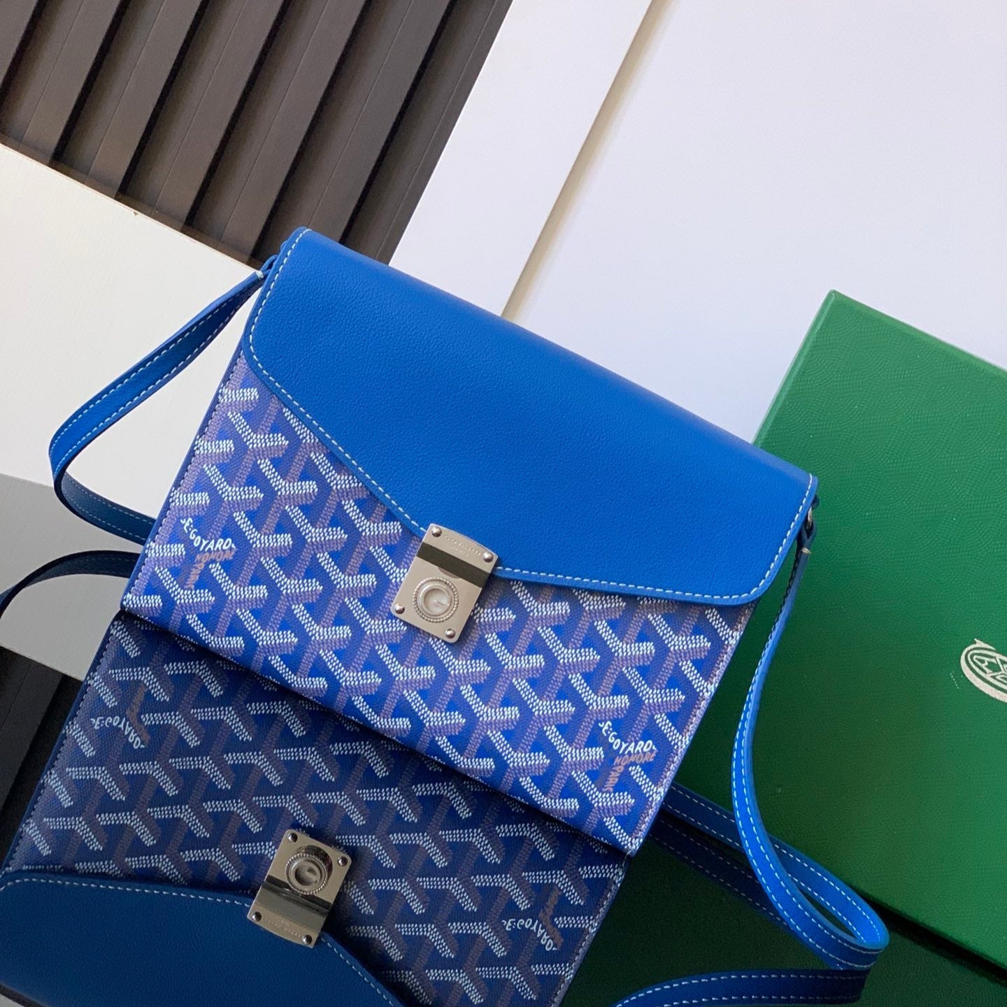 Goyard Chypre Wallet-Pouch 21 Cm Sapphire Blue Goyardine Canvas And Calfskin
