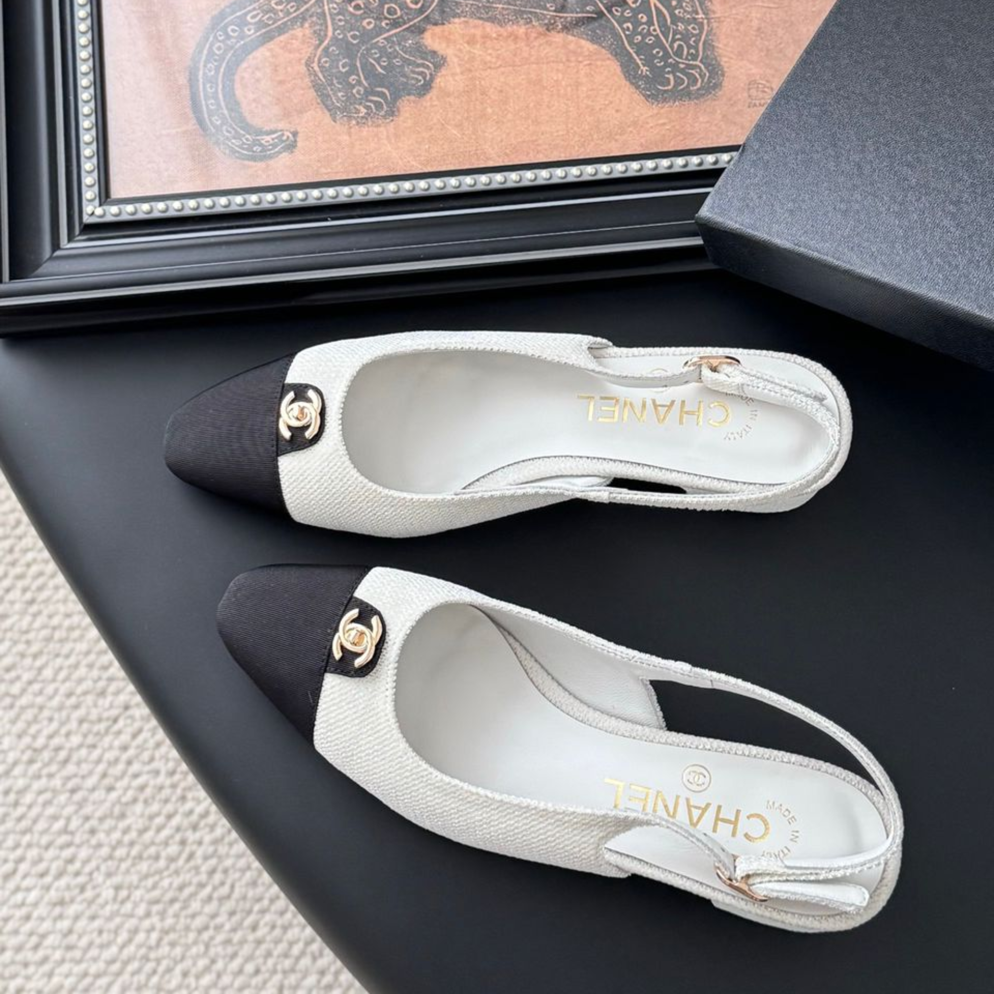 Chanel Iridescent Tweed Cap Toe CC Slingback Flats White Black