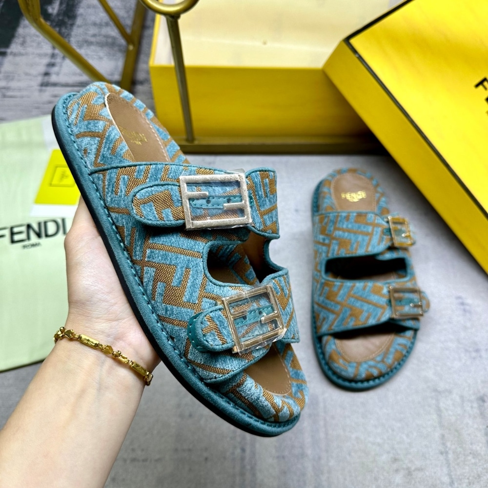 Fendi Feel Ff Jacquard Velvet Slides Light Blue 8X8326Aotmf1R88