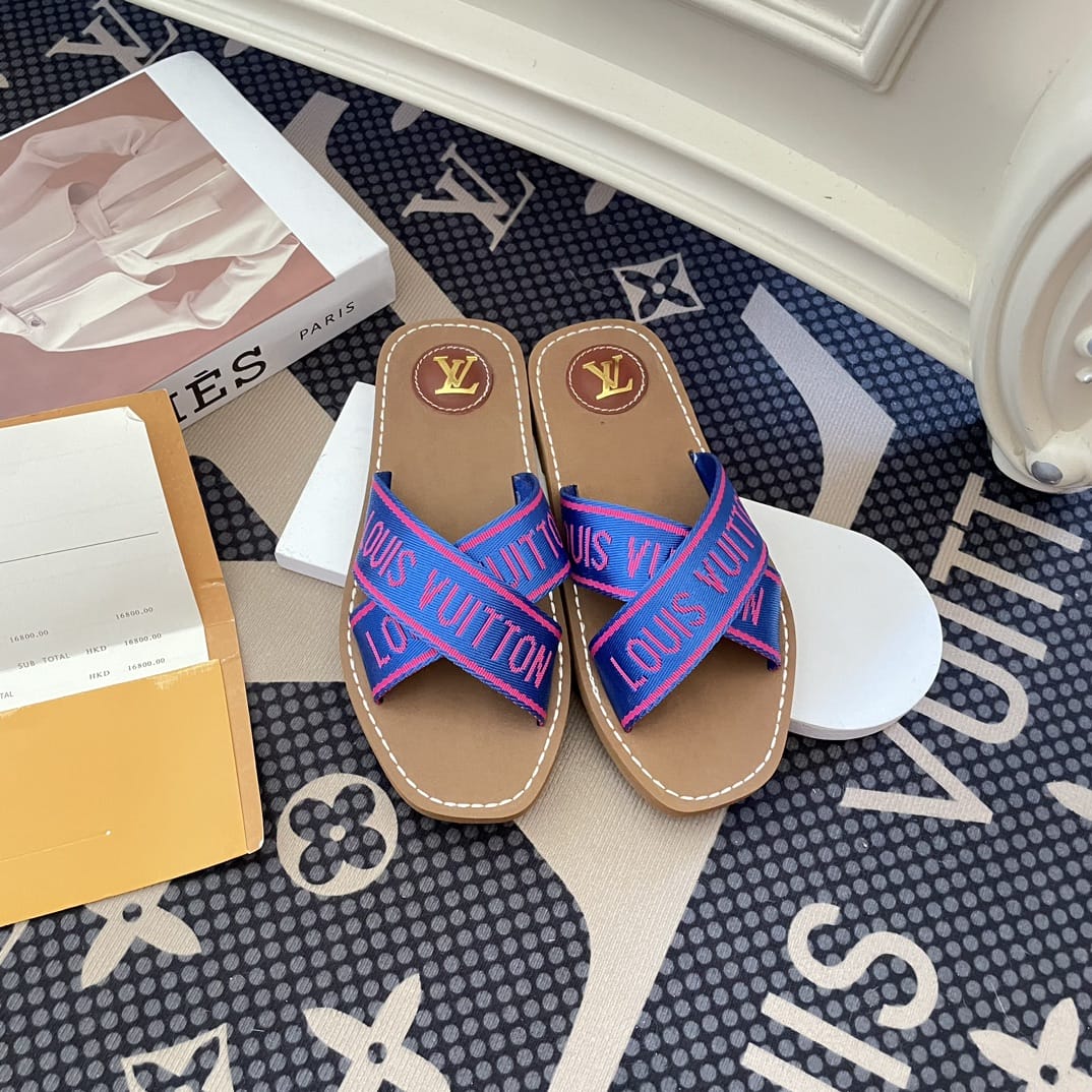 Louis Vuitton Cross Strap Flat Slides Blue