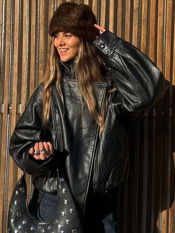 Black Faux Leather Jacket Stand Collar Oversized Moto Biker Jacket Elastic Hem Streetwear Casual Long Sleeve Waterproof Windproof Outerwear for Spring & Fall, Ladies Clothes for Daily Wear