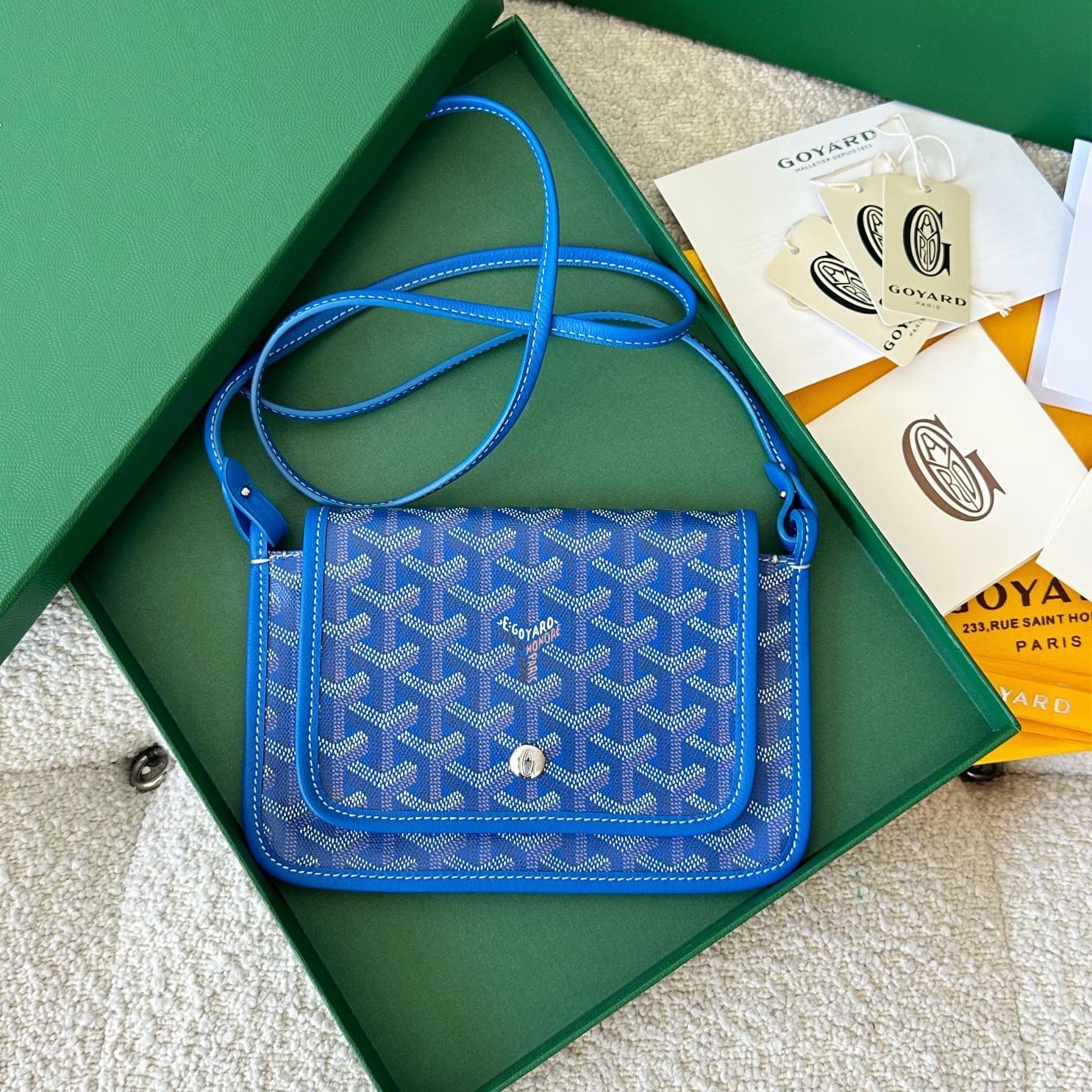 Goyard Plumet Pocket Wallet 20 Cm Sapphire Blue Goyardine Canvas And Lambskin Trim