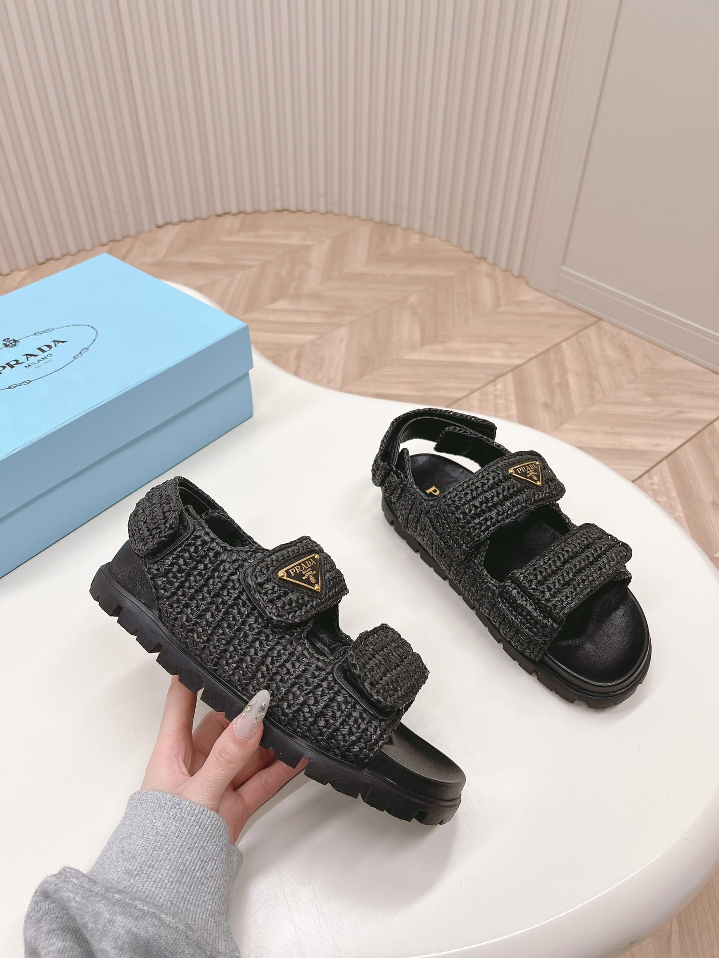 Prada Monolith Crochet Raffia Effect Sandals In Black