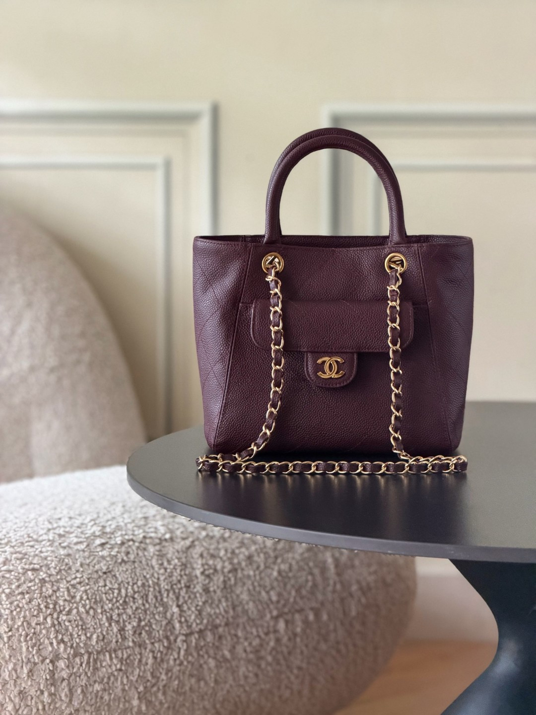 CHANEL Small Tote Grained Calfskin & Gold Tone Metal Dark Burgundy