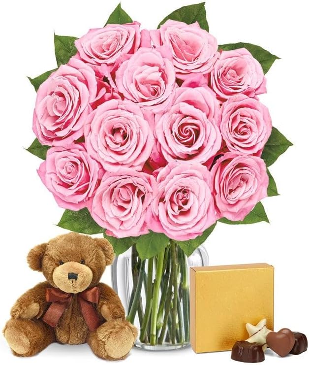 From You Flowers - One Dozen Pink Roses with Chocolates and a Bear with Glass Vase | Fresh Flower Bouquets for Birthday, Anniversary, Get Well or Celebration