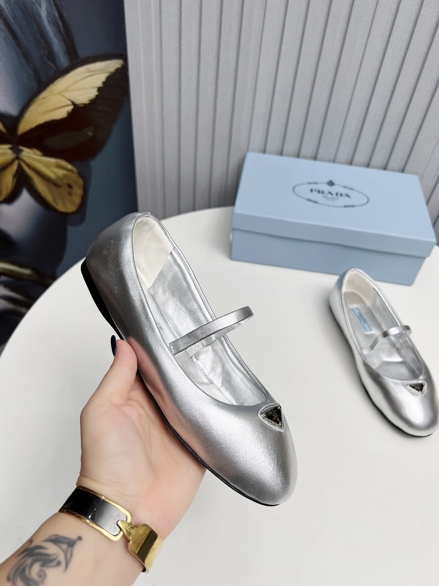 Prada Soft Padded Nappa Leather Ballerinas Silver