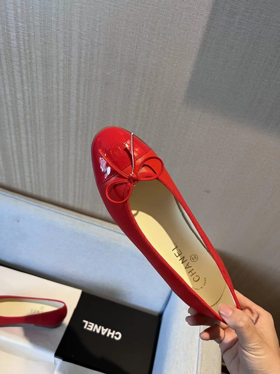 Chanel Cc Cap Toe Ballet Flats In Light Red Patent Leather