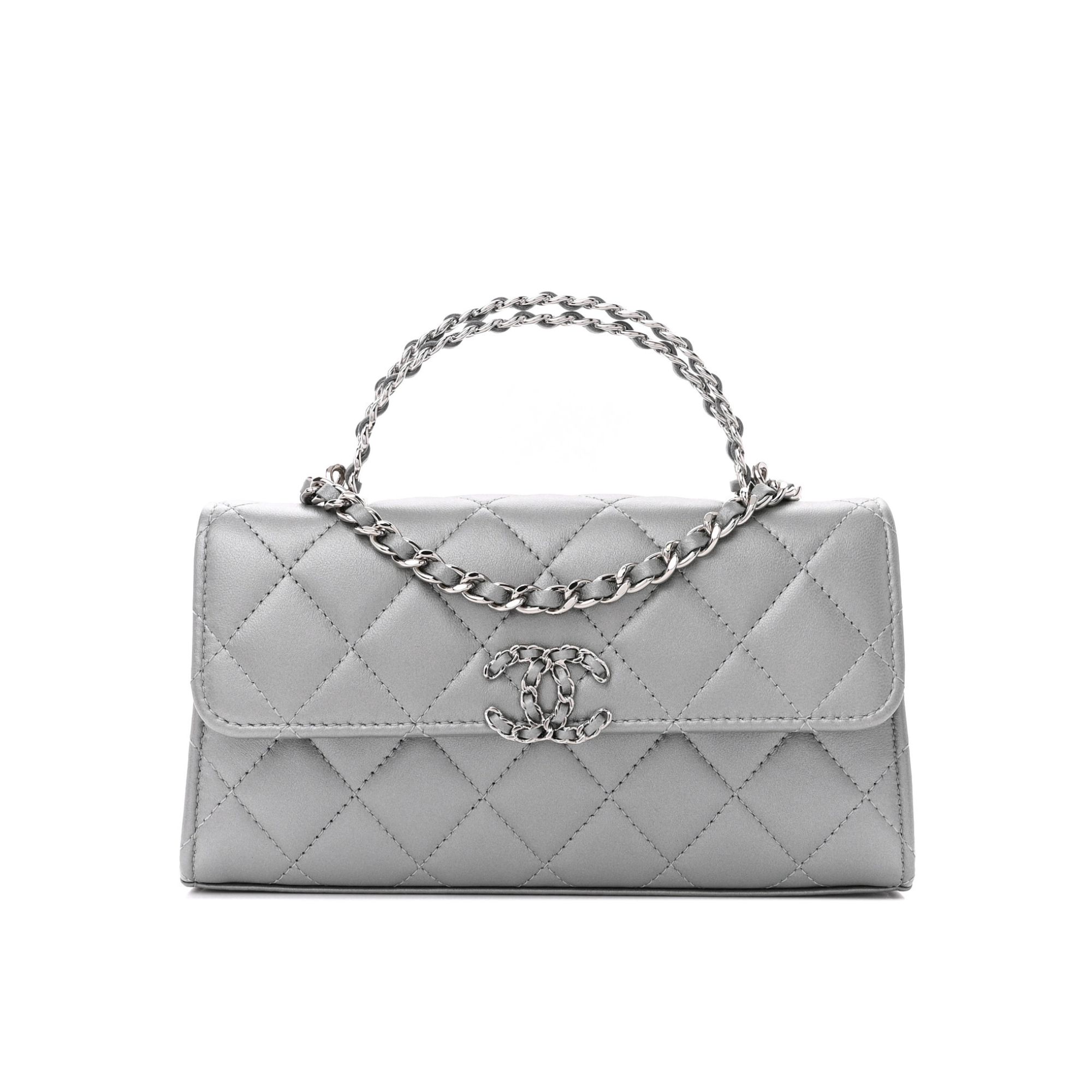 Chanel Lambskin Quilted Chain Top Handle Phone Holder With Chain Silver 18Cm