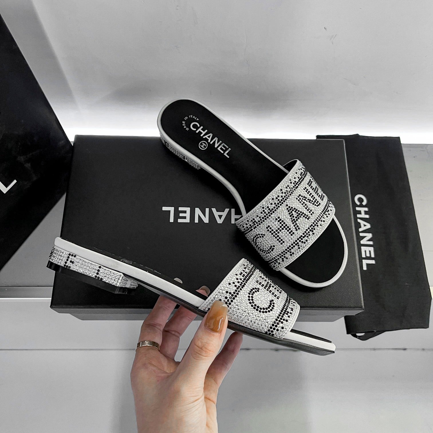 Chanel 24P Beaded Diamond Slippers Silver