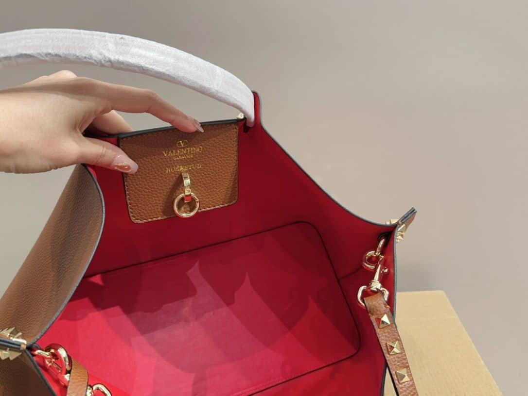 Valentino Garavani Rockstud Leather Tote Brown 36Cm