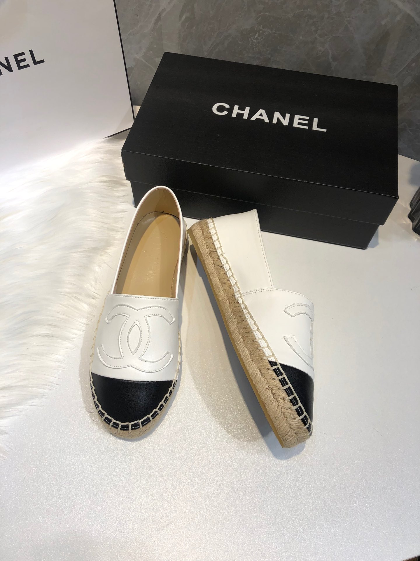 Chanel CC Embroidered Espadrille Leather Black Cap Toe Flats White