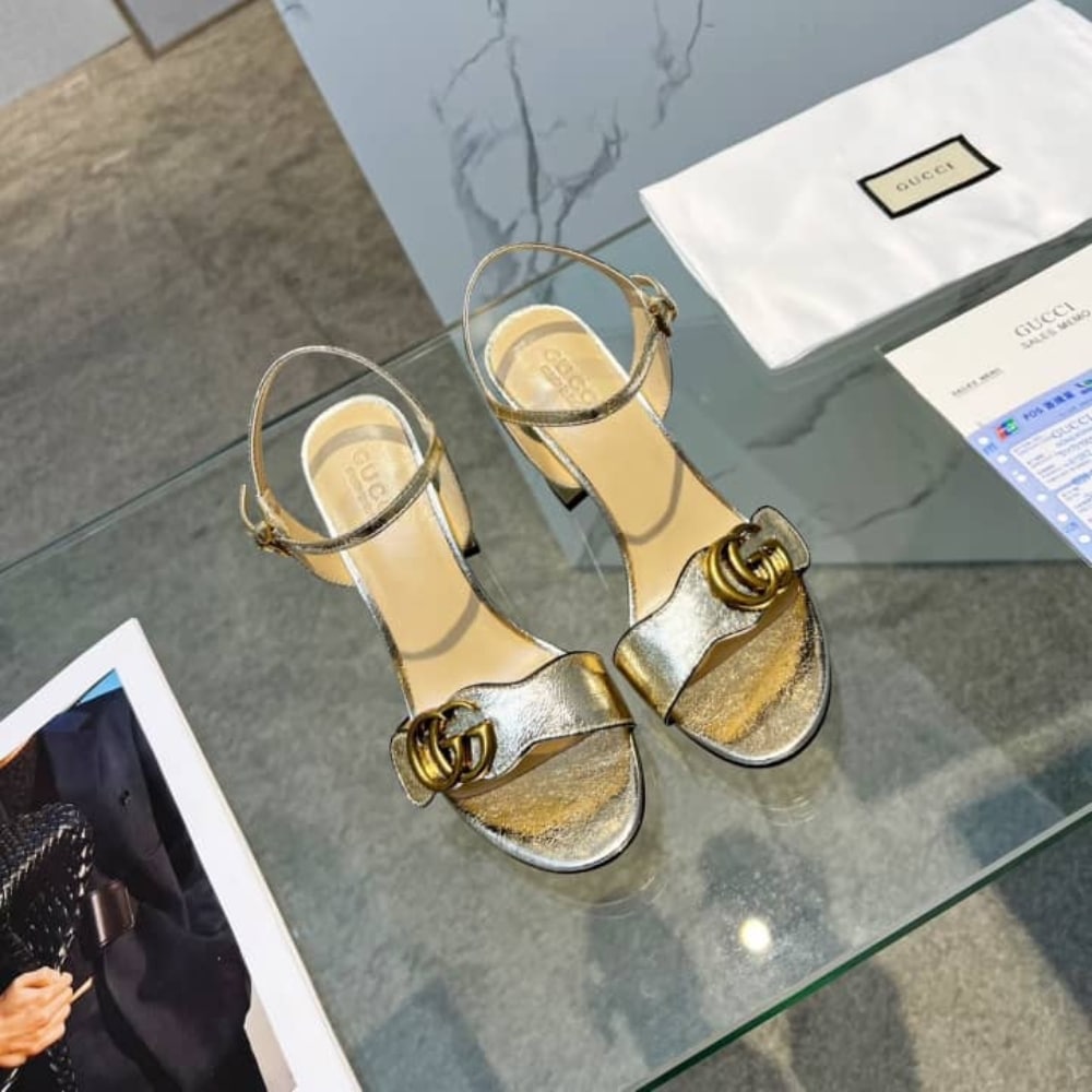 Gucci Metallic Laminate Mid Heel Sandal Gold 453379 Dkt00 7100