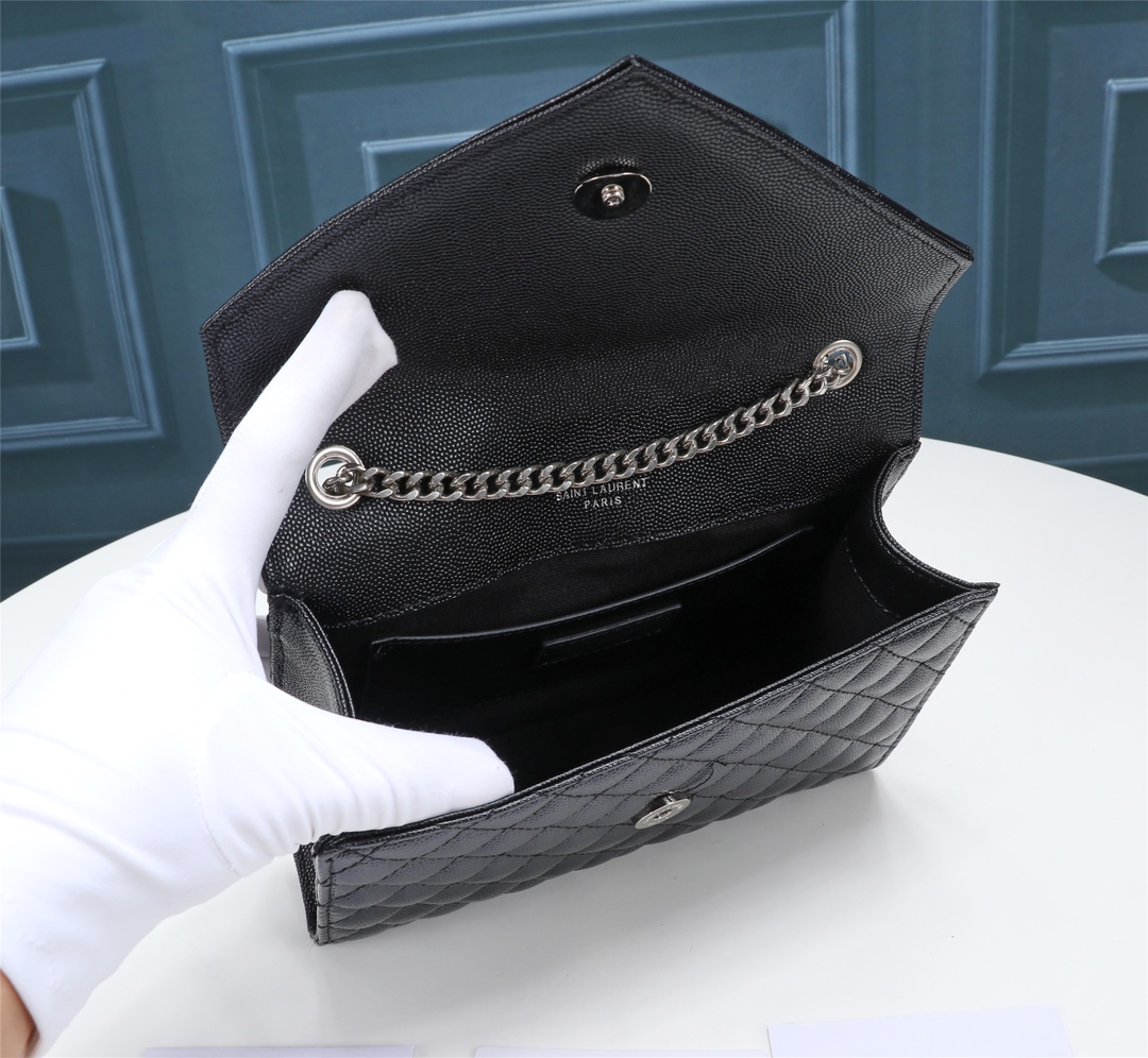 Saint Laurent Envelope Small In Quilted Grain De Poudre Embossed Leather Black Silver 21cm 600195BOW921000