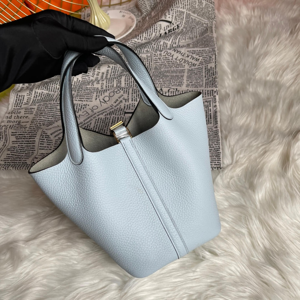 Hermes Picotin Lock Bag In Taurillon Clemence Bleu Pale 22Cm