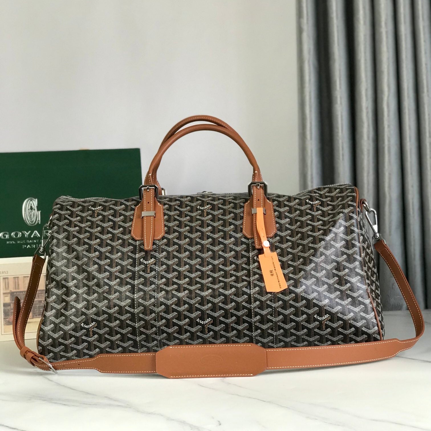 Goyard Boston 50 Bag Cm Black Goyardine Canvas And Tan Calfskin Trim
