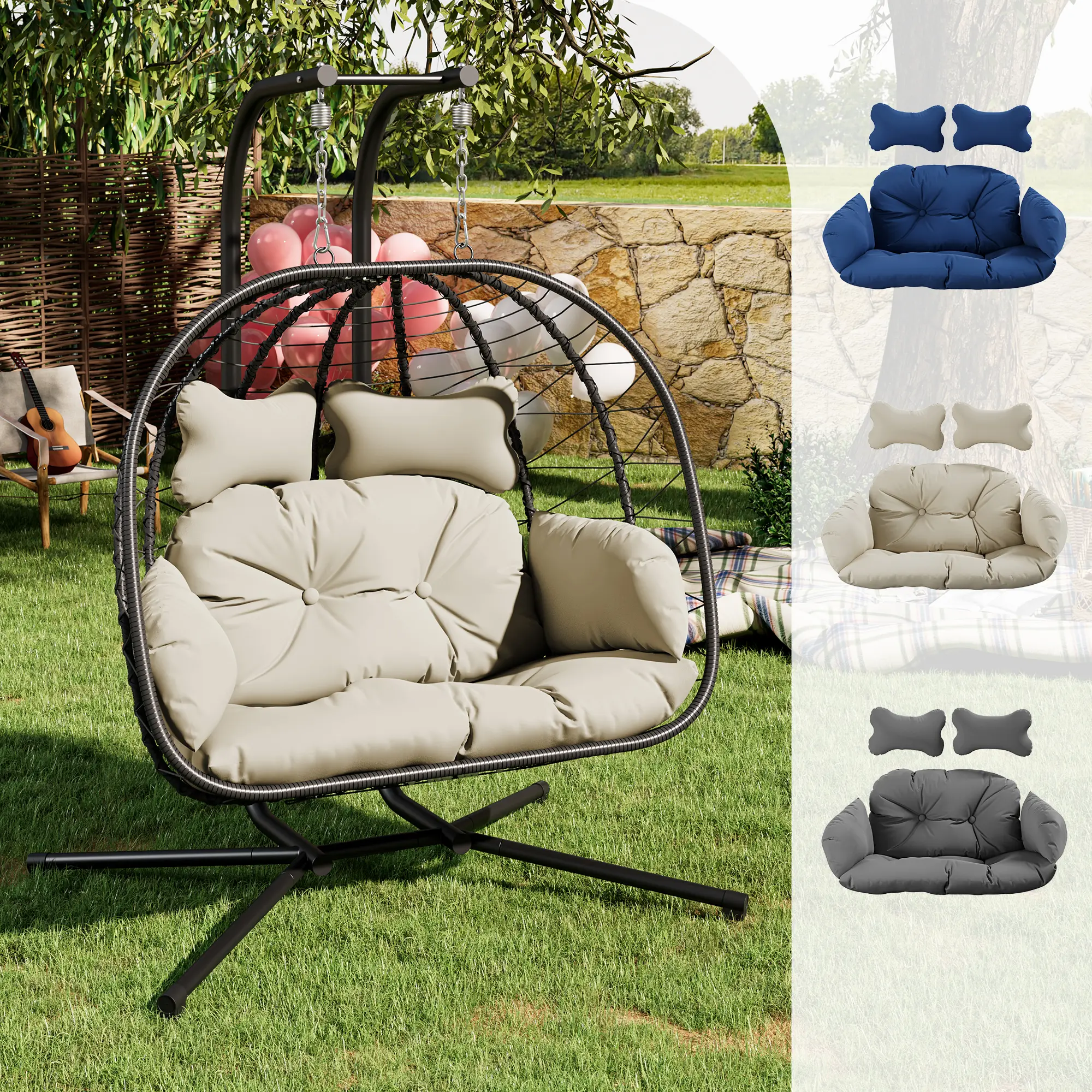 🔥Clearance Sale🔥Double Hanging Egg Chair – Outdoor Patio Swing Chair with Cushions & Stand