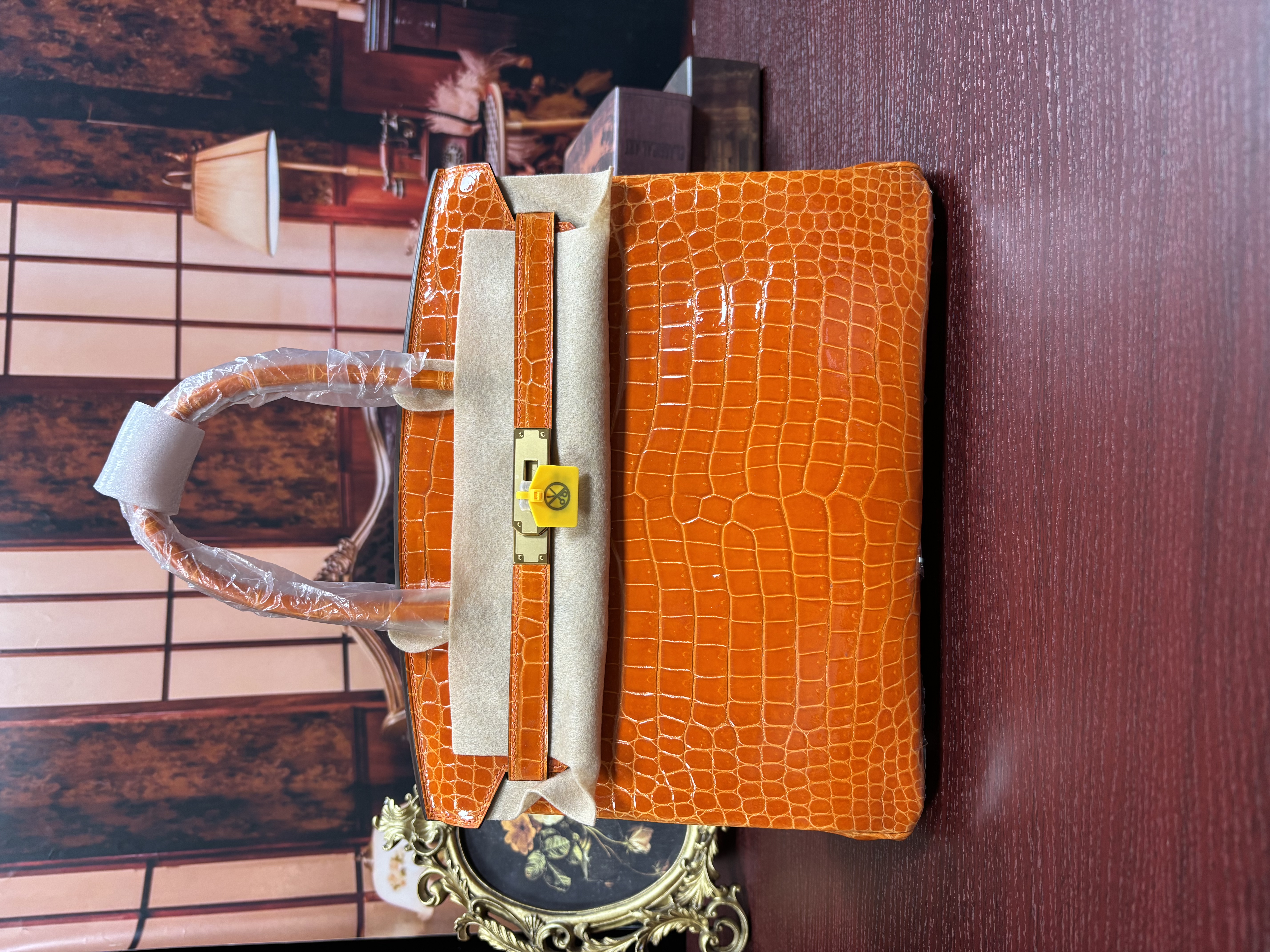 Birkin 25–30 orange glossy crocodile leather gold hardware Custom