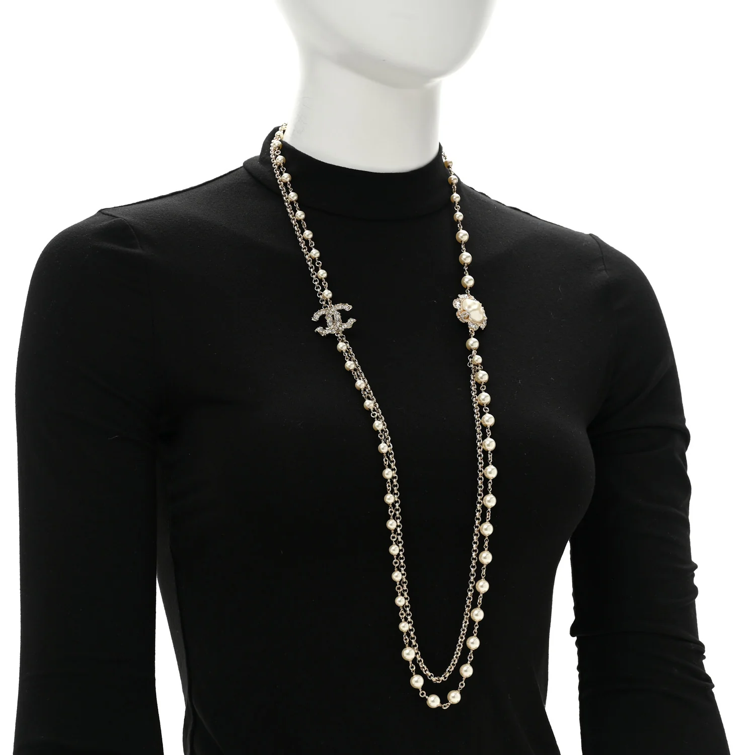 Pearl Crystal CC Camellia Express Long Necklace Gold