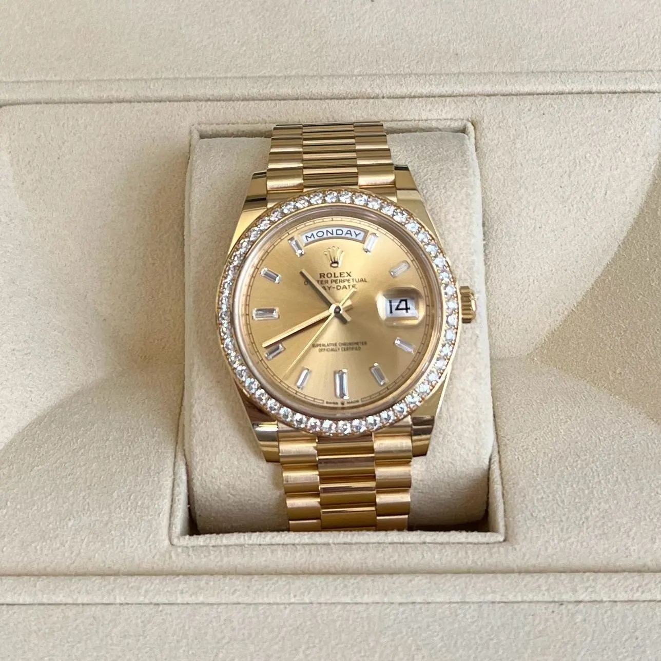 Rolex Day-Date 40mm Champagne Diamond Dial and Bezel Yellow Gold President Bracelet 228348RBR-0002