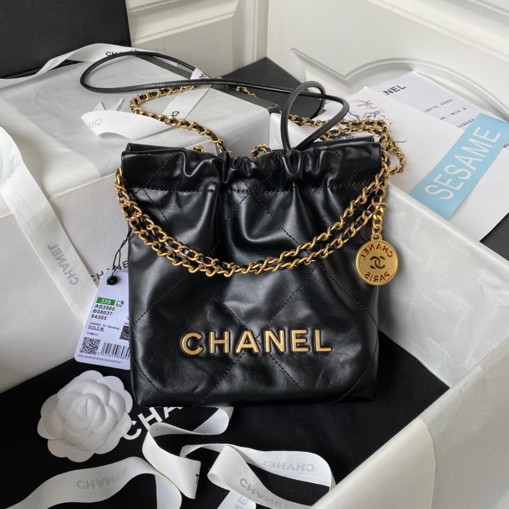 Chanel Mini 22 Handbag Shiny Calfskin & Gold Metal Black 20cm