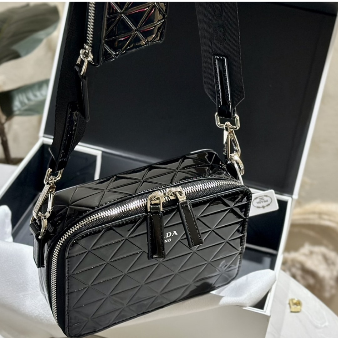 Prada Brique Brushed Leather Bag With Triangle Motif Black 18Cm