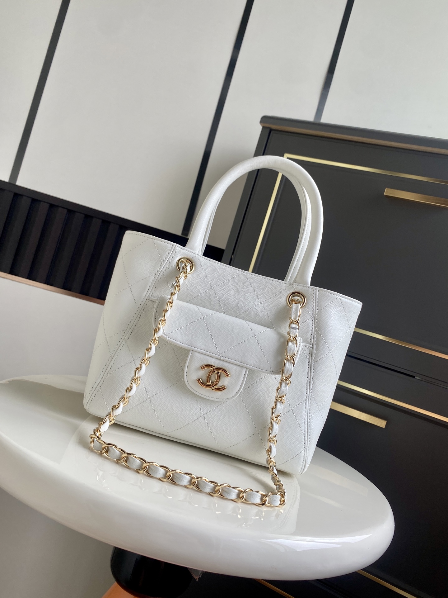 Cruise 2026 White Quilted Caviar Calfskin Mini Tote Bag with Gold-Tone Hardware