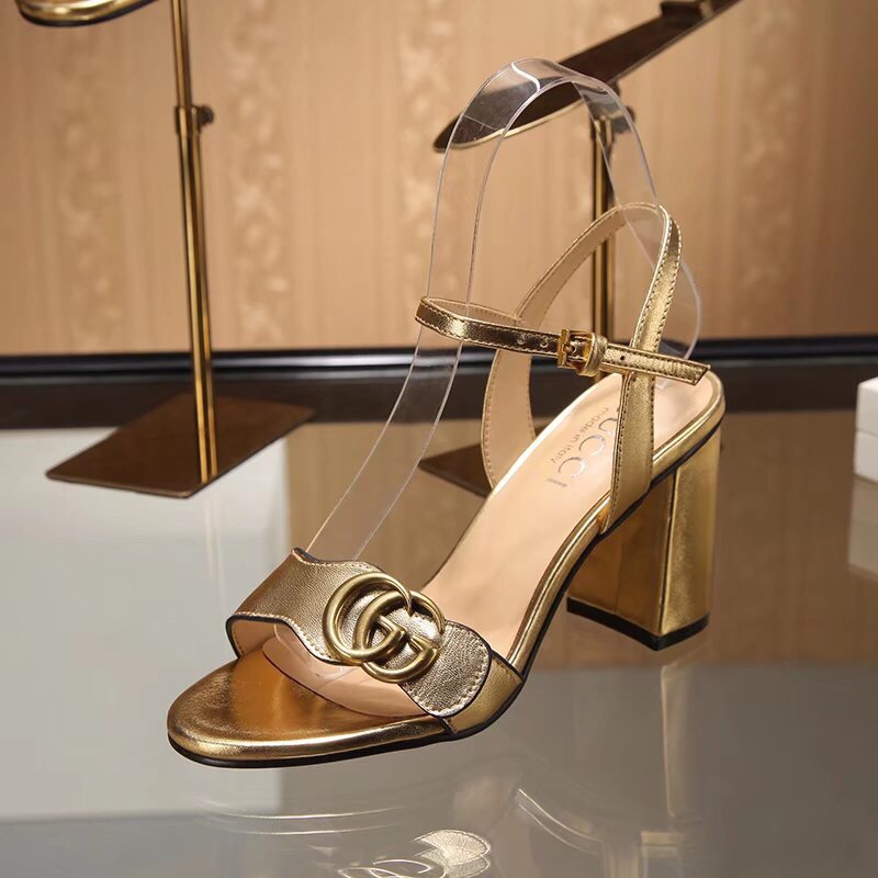 Gucci Gold Metallic Laminate Leather Mid Heel Sandal 453379